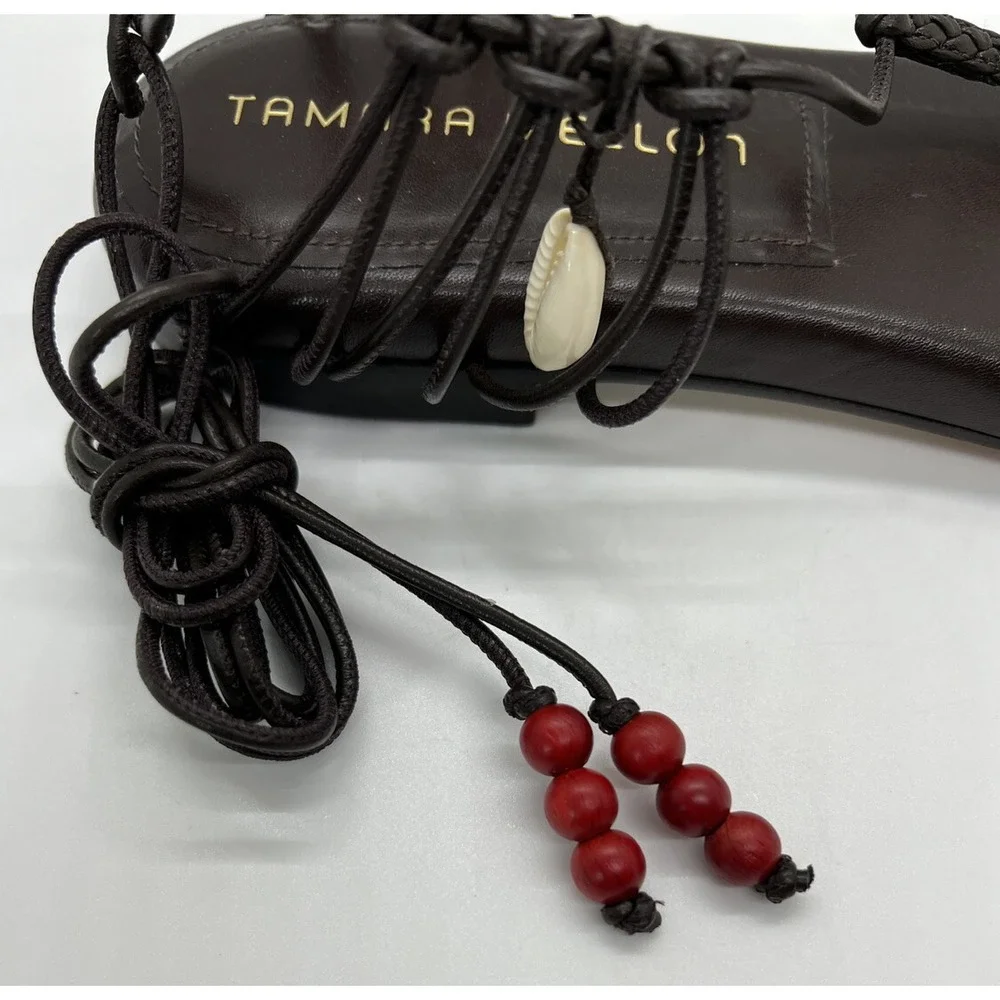 Tamara Mellon Sandal Flat Brown Leather Gladiator Lace Up Boho Resort Wear Sz 36